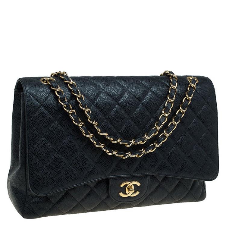 Pre Owned Chanel Black Quilted Caviar Leather Maxi Classic Flap Bag