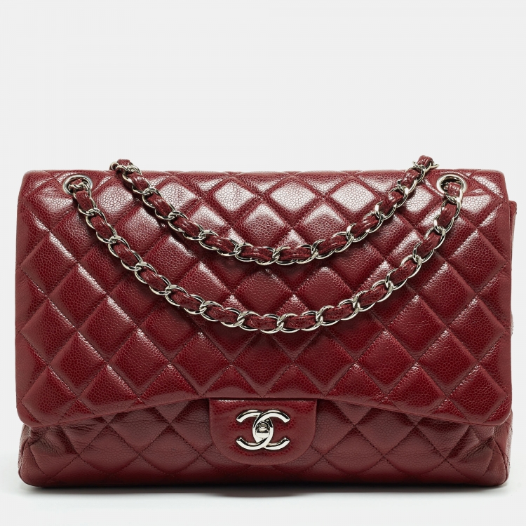 Chanel Burgundy Quilted Caviar Leather Maxi Classic Single Flap Bag Chanel