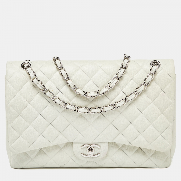 Chanel Off White Quilted Caviar Leather Maxi Classic Double Flap Bag Chanel