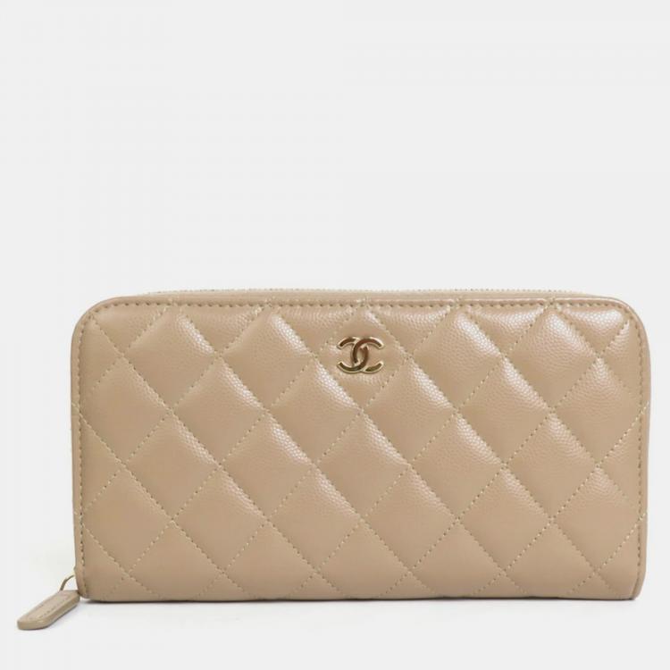 Chanel Beige Quilted Caviar Leather CC Logo Zip Around Wallet