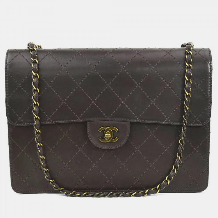 CHANEL Dark Brown Leather Quilted Jumbo Classic Single Flap Shoulder Bag