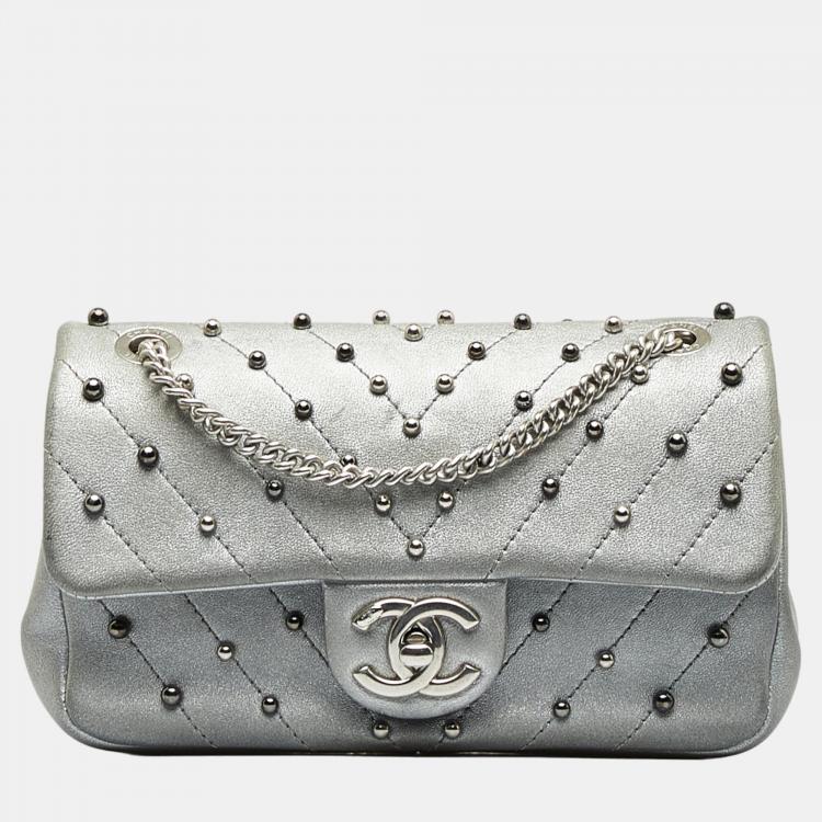 Chanel Silver Small Studded Chevron Flap