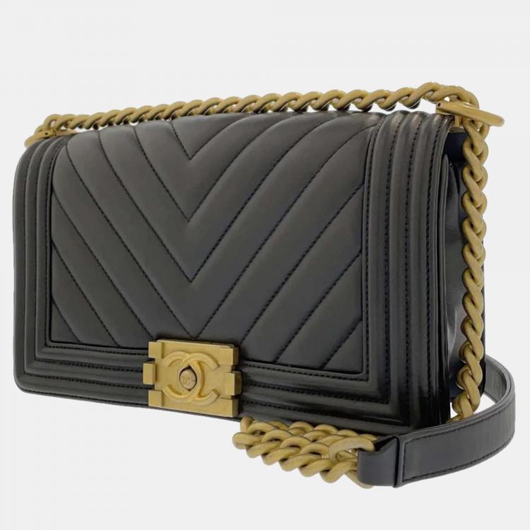 Chanel Black Leather Medium Chevron Boy Bag