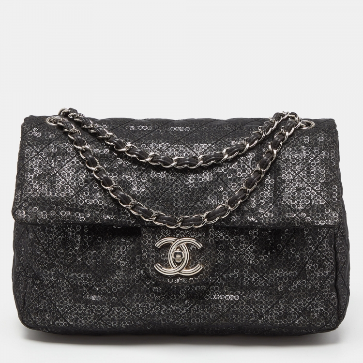 Chanel Black Mesh and Sequins Jumbo Classic Flap Bag