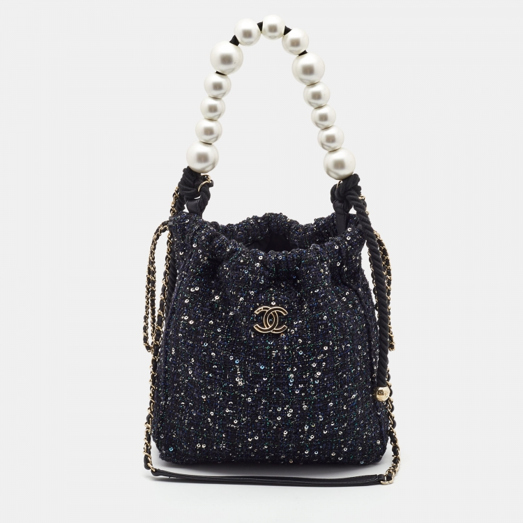 Chanel Blue Tweed and Sequins Pearl Drawstring Bag