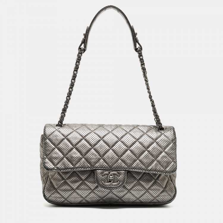 Chanel Grey Perforated Quilted Leather East West Flap Bag