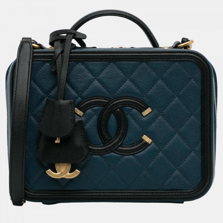 Chanel Blue/Black Medium CC Filigree Caviar Vanity Case