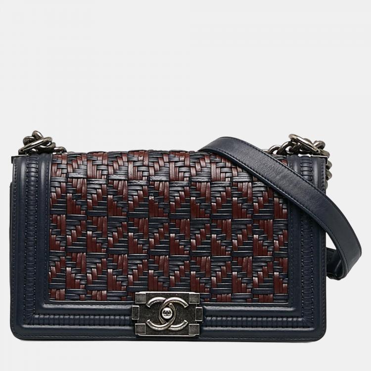 Chanel Navy Blue/Red Medium Woven Lambskin Boy Flap