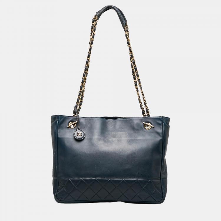 Chanel Navy Blue Matelasse Lambskin Chain Tote Bag