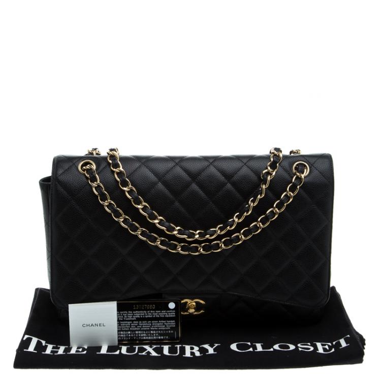 Pre Owned Chanel Black Quilted Caviar Leather Maxi Classic Flap Bag