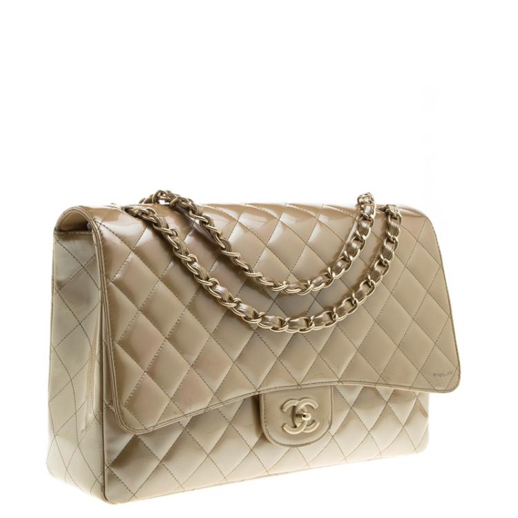 Pre Owned Chanel Beige Quilted Patent Leather Maxi Classic Single Flap Bag