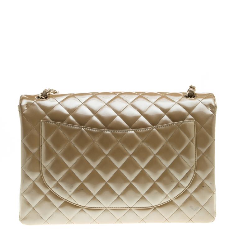 Pre Owned Chanel Beige Quilted Patent Leather Maxi Classic Single Flap Bag