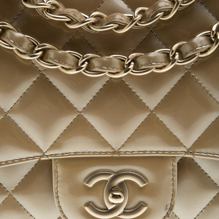 Pre Owned Chanel Beige Quilted Patent Leather Maxi Classic Single Flap Bag