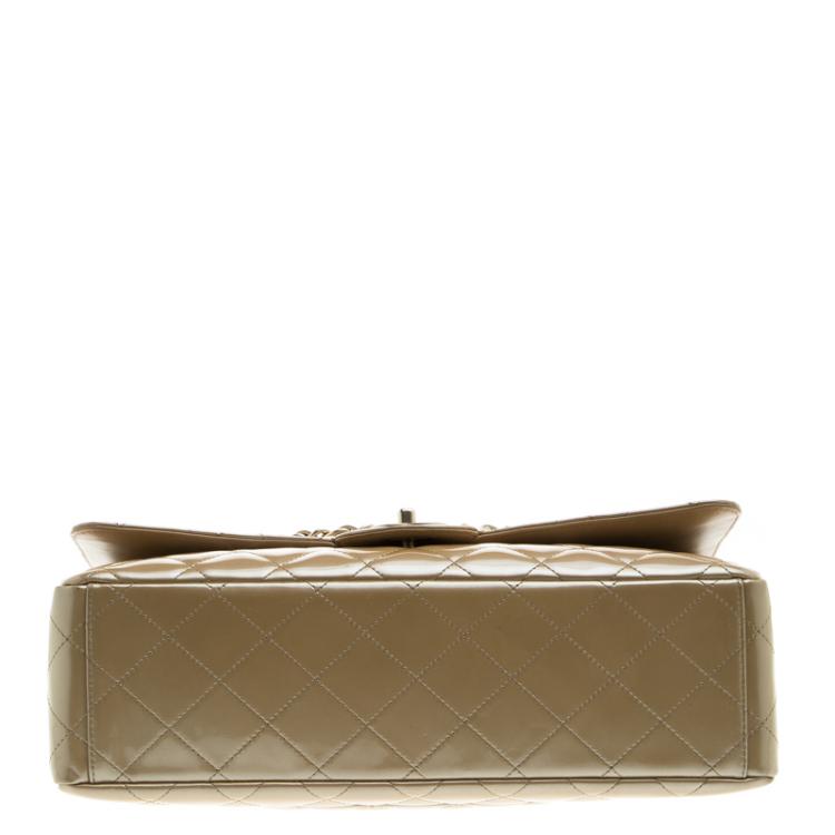 Pre Owned Chanel Beige Quilted Patent Leather Maxi Classic Single Flap Bag