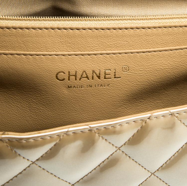 Pre Owned Chanel Beige Quilted Patent Leather Maxi Classic Single Flap Bag