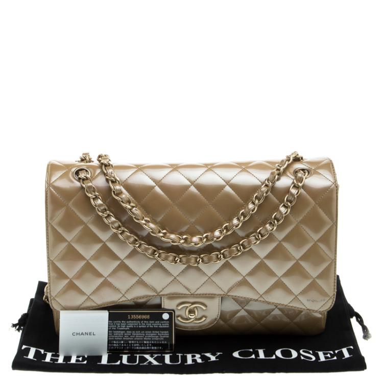 Pre Owned Chanel Beige Quilted Patent Leather Maxi Classic Single Flap Bag