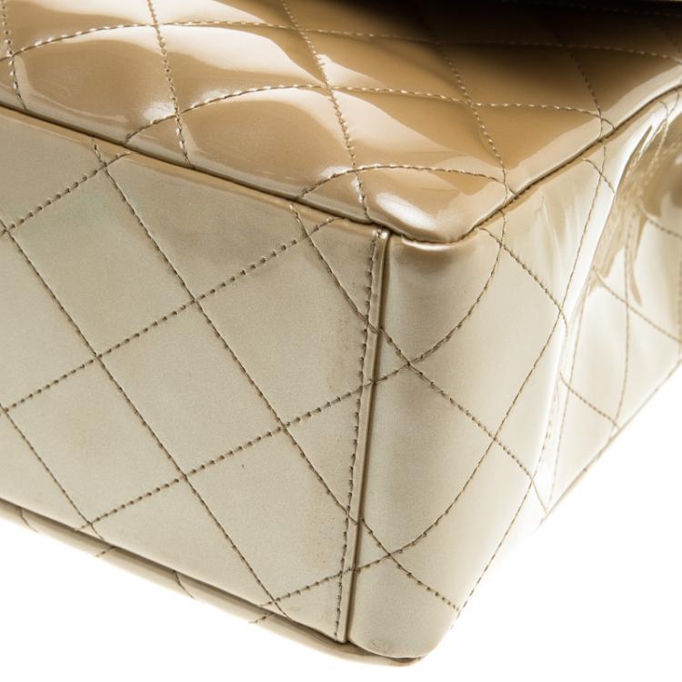 Pre Owned Chanel Beige Quilted Patent Leather Maxi Classic Single Flap Bag