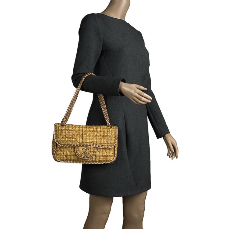 Pre Owned Chanel Yellow Quilted Tweed and Leather Medium Classic Single Flap Bag