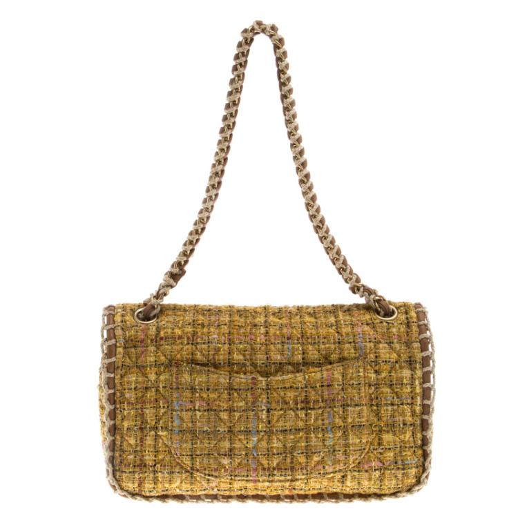 Pre Owned Chanel Yellow Quilted Tweed and Leather Medium Classic Single Flap Bag