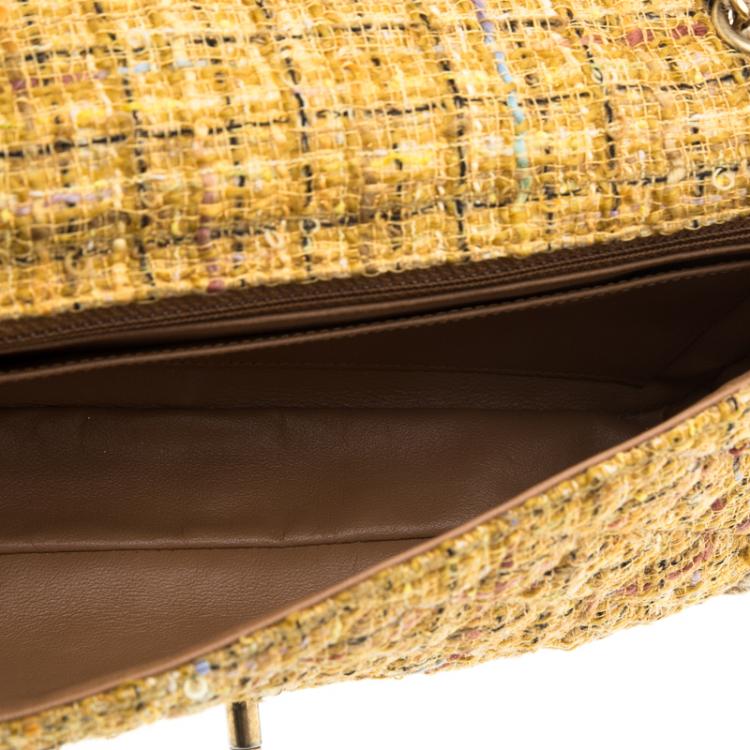 Pre Owned Chanel Yellow Quilted Tweed and Leather Medium Classic Single Flap Bag
