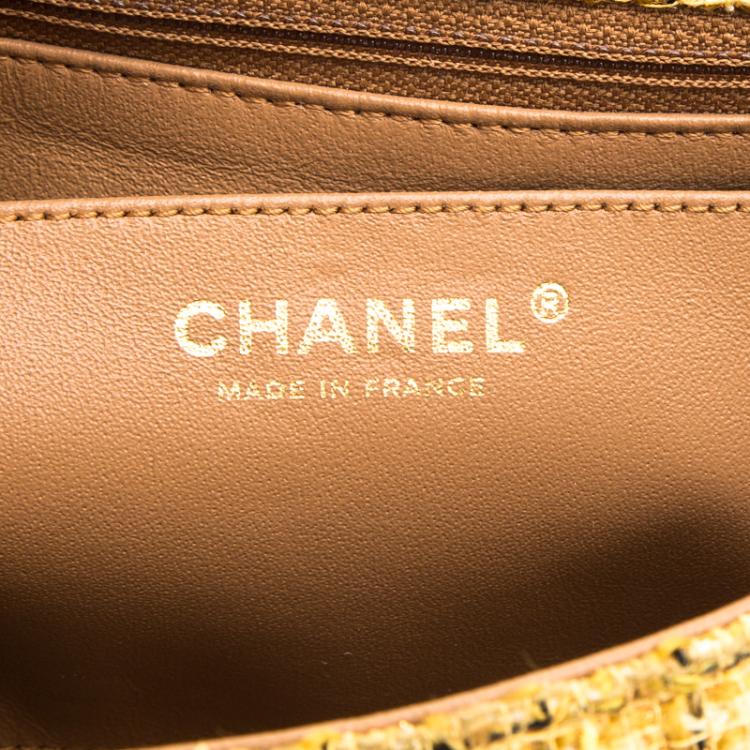 Pre Owned Chanel Yellow Quilted Tweed and Leather Medium Classic Single Flap Bag