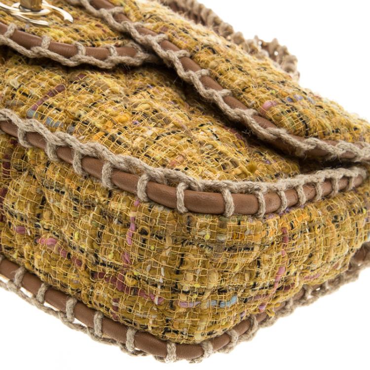 Pre Owned Chanel Yellow Quilted Tweed and Leather Medium Classic Single Flap Bag