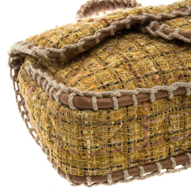 Pre Owned Chanel Yellow Quilted Tweed and Leather Medium Classic Single Flap Bag