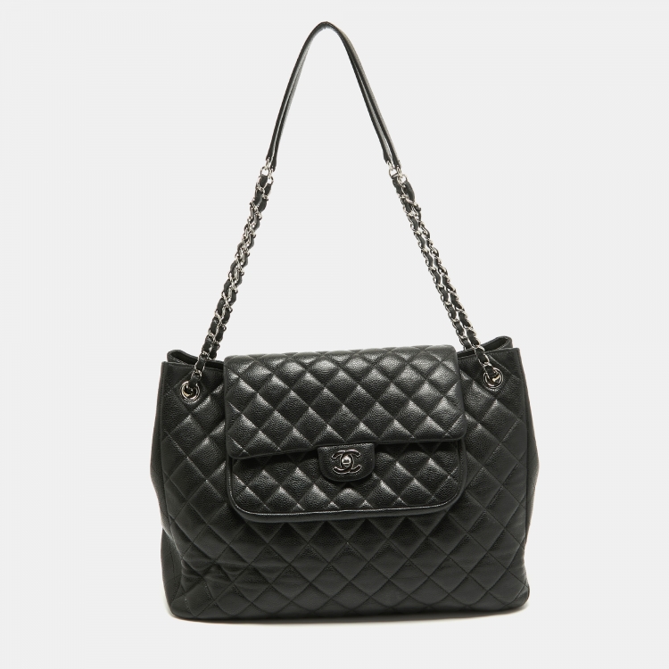 Chanel Black Quilted Caviar Leather Front Flap Pocket Tote