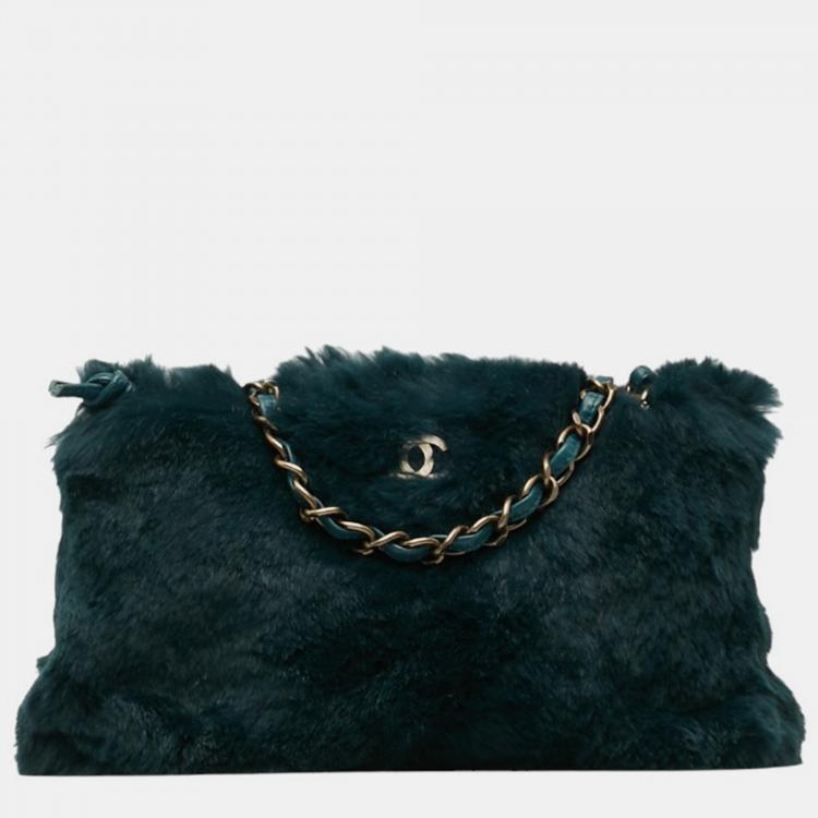 Chanel Green Leather CC Fur Chain Shoulder Bag