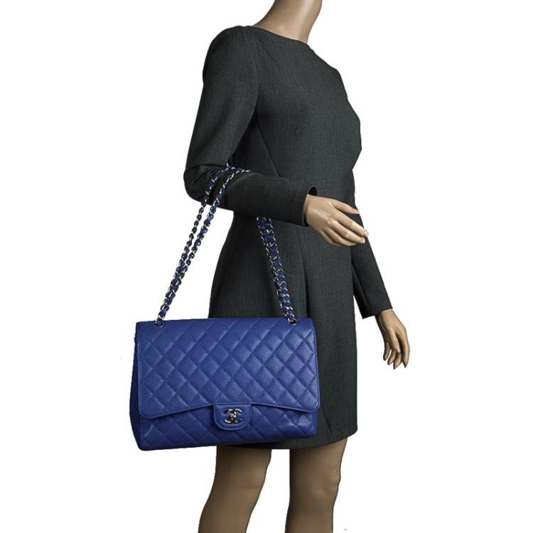 Pre Owned Chanel Blue Quilted Caviar Leather Maxi Classic Single Flap Bag