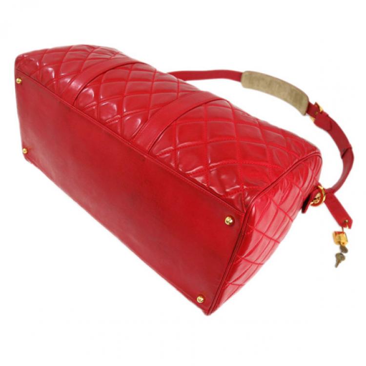 Pre Owned Chanel Red Patent Leather Boston Bag