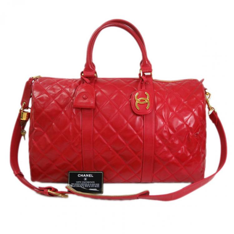 Pre Owned Chanel Red Patent Leather Boston Bag