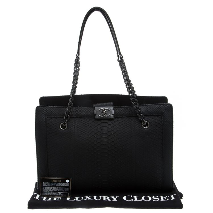 Pre Owned Chanel Matte Black Python Large Boy Shopper Tote