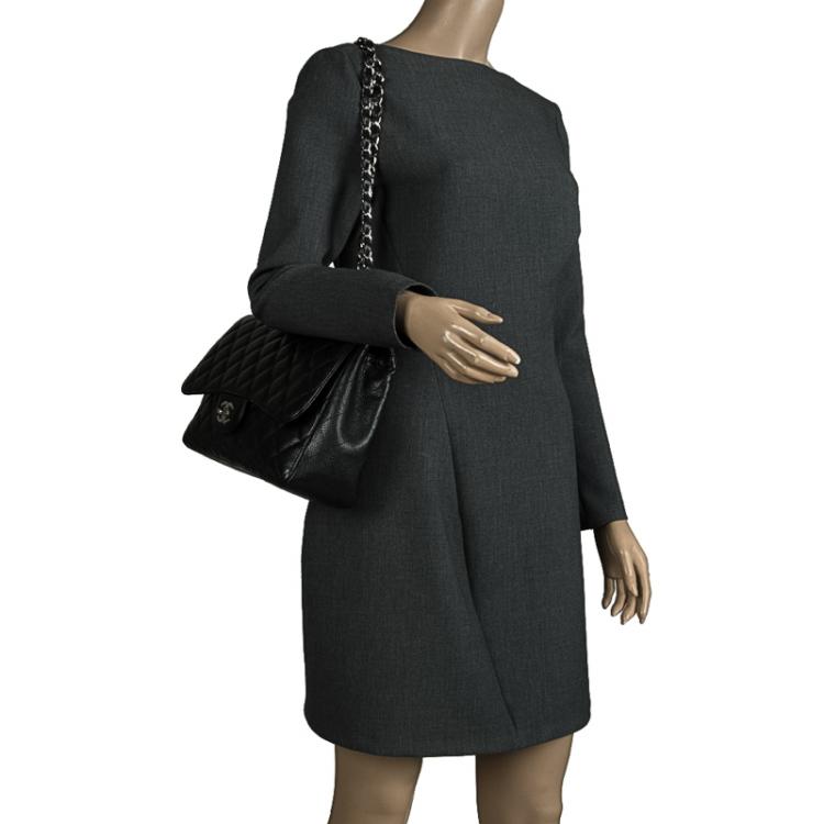 Pre Owned Chanel Black Quilted Caviar Leather Jumbo Classic Single Flap Bag