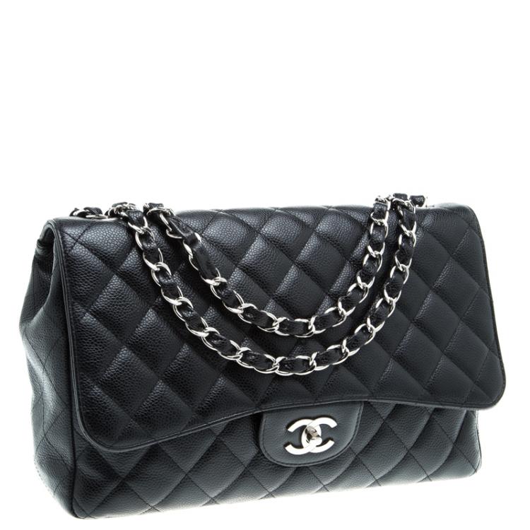 Pre Owned Chanel Black Quilted Caviar Leather Jumbo Classic Single Flap Bag