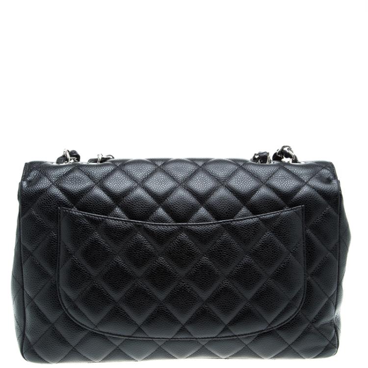 Pre Owned Chanel Black Quilted Caviar Leather Jumbo Classic Single Flap Bag