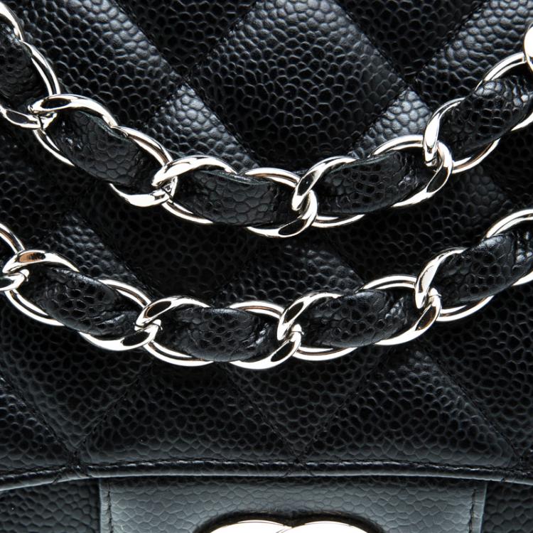 Pre Owned Chanel Black Quilted Caviar Leather Jumbo Classic Single Flap Bag