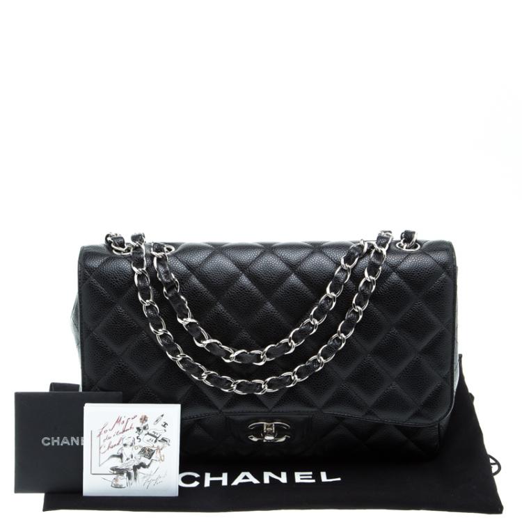 Pre Owned Chanel Black Quilted Caviar Leather Jumbo Classic Single Flap Bag