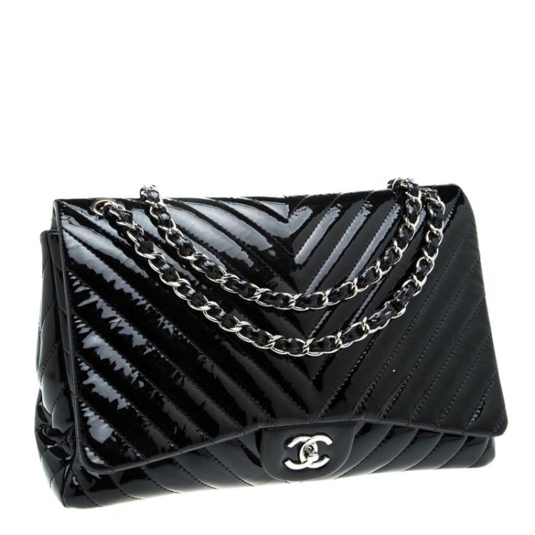 Pre Owned Chanel Black Chevron Patent Leather Maxi Classic Flap Bag