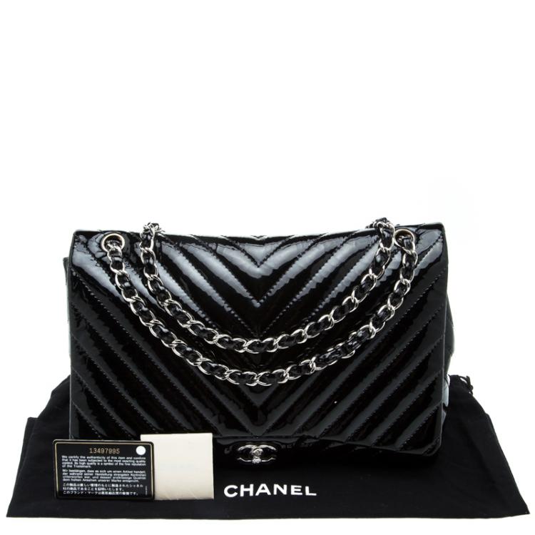 Pre Owned Chanel Black Chevron Patent Leather Maxi Classic Flap Bag