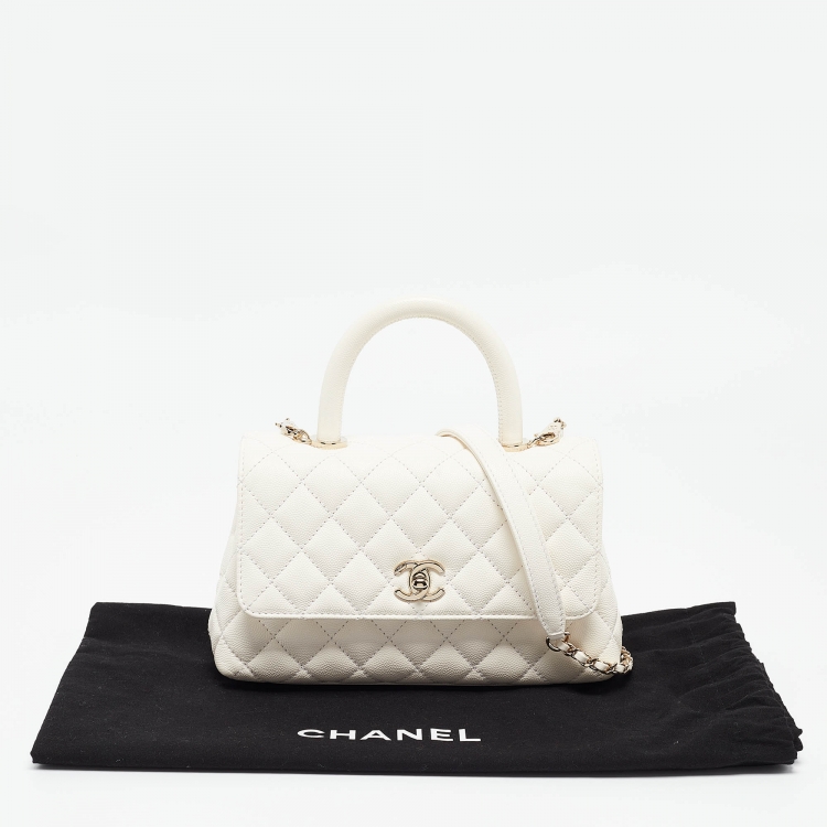 Pre Owned Chanel White Quilted Caviar Leather Mini Coco Top Handle Bag