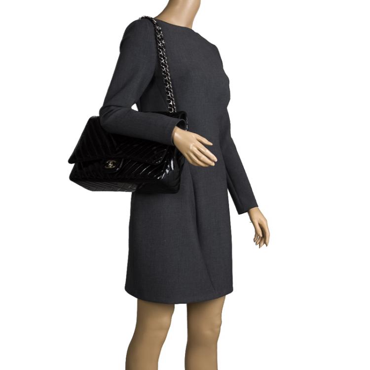 Pre Owned Chanel Black Chevron Patent Leather Classic Single Flap Bag