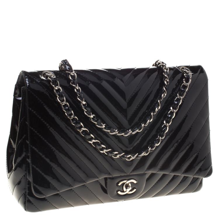 Pre Owned Chanel Black Chevron Patent Leather Classic Single Flap Bag