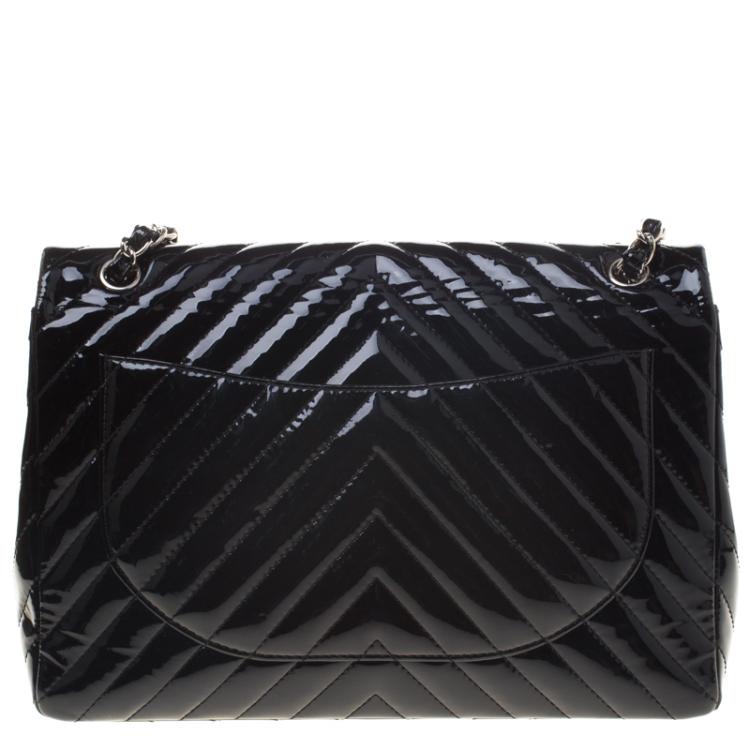 Pre Owned Chanel Black Chevron Patent Leather Classic Single Flap Bag