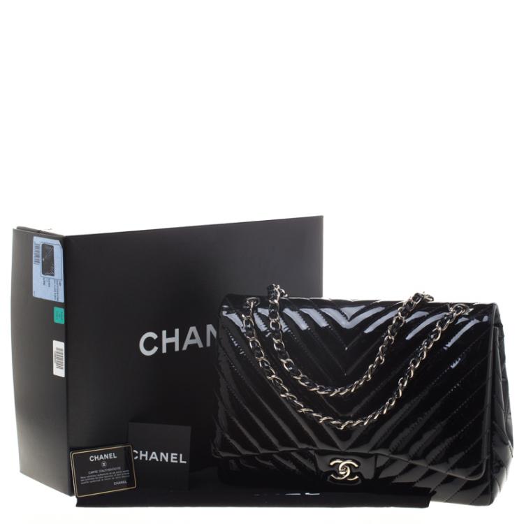 Pre Owned Chanel Black Chevron Patent Leather Classic Single Flap Bag