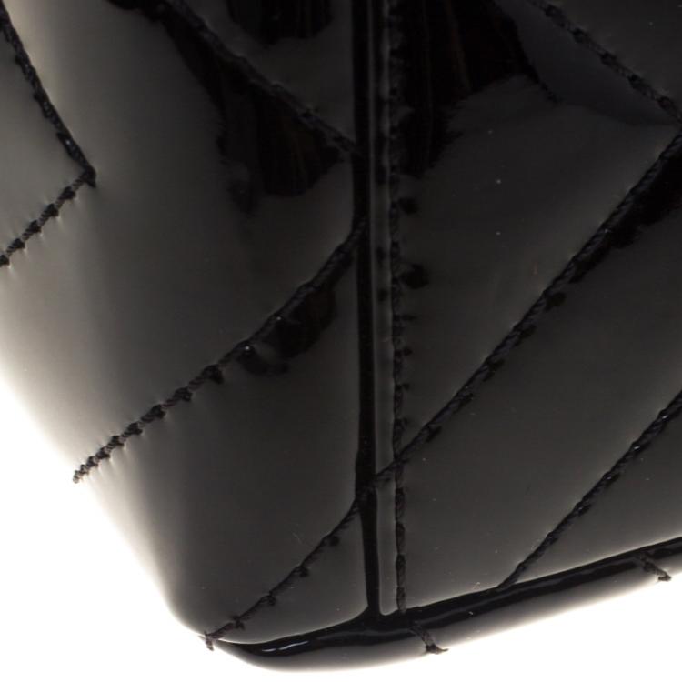 Pre Owned Chanel Black Chevron Patent Leather Classic Single Flap Bag