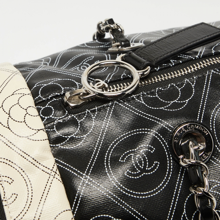 Pre Owned Chanel Black/White Camellia Print Coated Canvas Bowler Bag