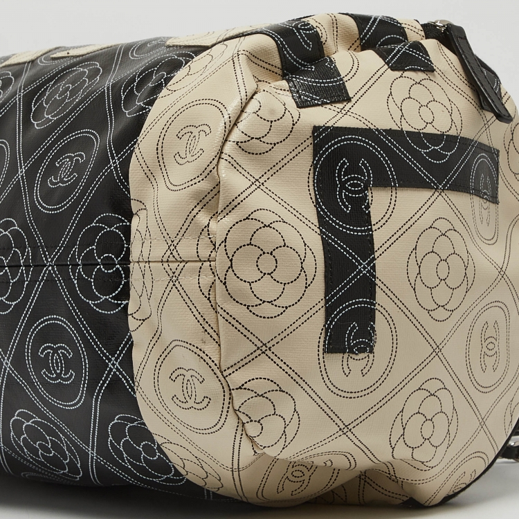 Pre Owned Chanel Black/White Camellia Print Coated Canvas Bowler Bag