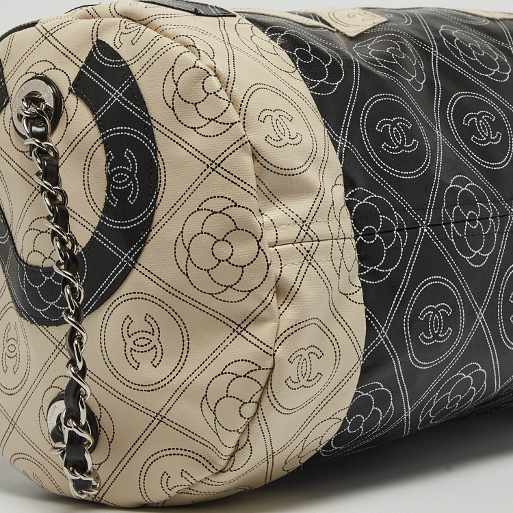 Pre Owned Chanel Black/White Camellia Print Coated Canvas Bowler Bag
