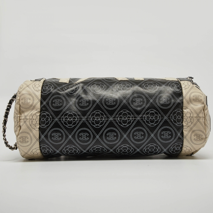 Pre Owned Chanel Black/White Camellia Print Coated Canvas Bowler Bag